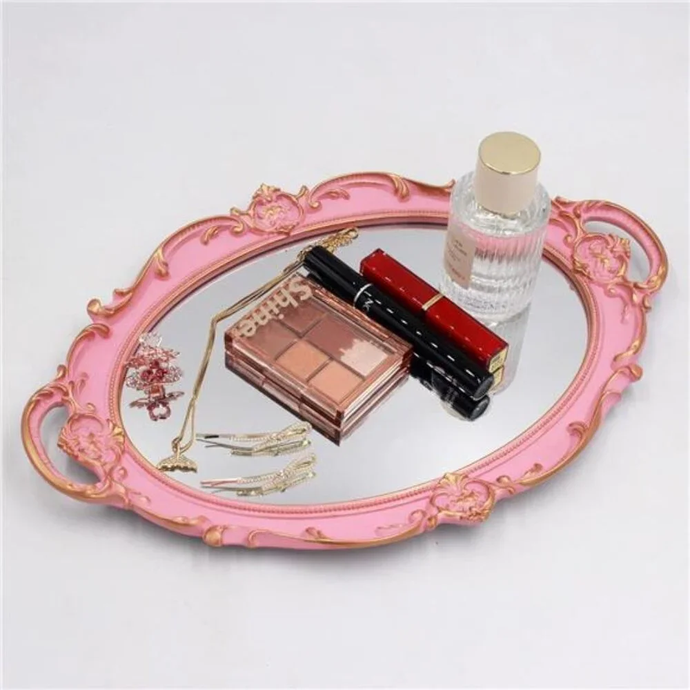 Vintage Small Mirror 14.5 x 10 inch Oval Pink Wall Mirror
